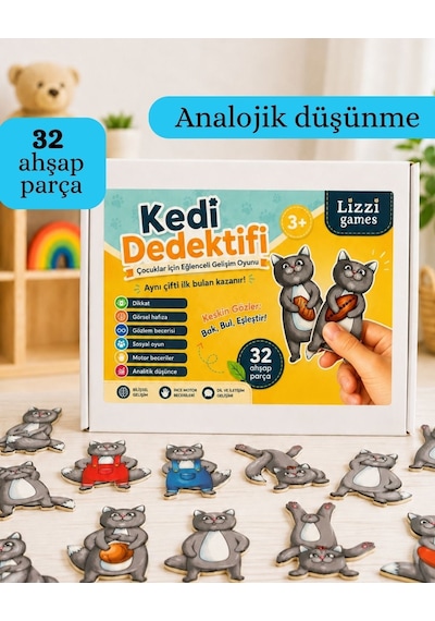 Kedi Dedektifi Ahşap Hafıza Eşleştirme Dikkat Zeka Oyunu 32 Parça