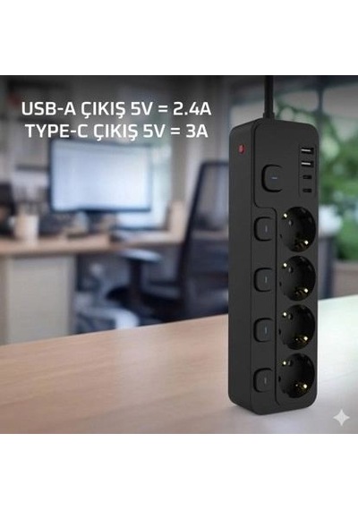 Akım Korumalı 4 Lü Priz 2xusb 2xtype-c Çıkış Yüksek Gerilim Koruma Priz Çoğaltıcı 0 - 2 M