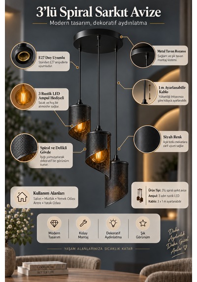 3'lü Spiral Sarkıt Avize Modern Dekoratif Salon Yemek Masası 3 Rustik Led Ampul Hediyeli Siyah