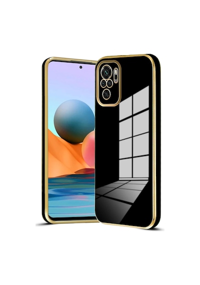 Fibaks Redmi Note 10/10s Uyumlu Kılıf Parlak Kenarlı Altın Işlemeli Kamera Korumalı Kapak Siyah