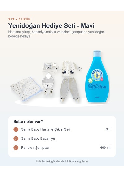 Yenidoğan Hediye Seti 3 Parça: Sema Baby Hastane Çıkışı Seti + Sema Baby Battaniye + Şampuan - Mavi