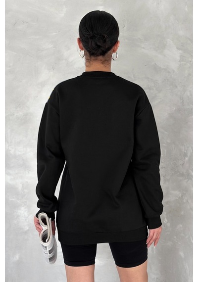 Femelle Kadın Beyaz Şardonlu Tasarım Kot Detaylı Sweatshirt siyah