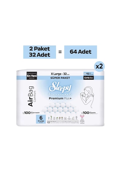 Sleepy Bio Natural Premium Plus Airbag Comfort Avantaj Paketi Bebek Bezi 6 Numara Xlarge 64 Adet