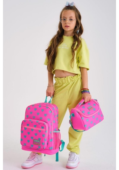 Coral High Kids Neon Pembe Su Yeşili Kalp Desen 3'lü Okul Çanta Seti Goset0123113