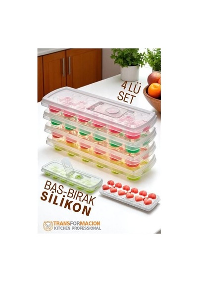 Buz Kalıbı - Bas-bırak Kapaklı Silikon Buz Kalıbı 4 Lü Set 721815 Altın