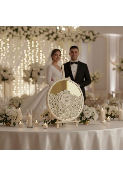 Evlilik Sepetim Düğün-nişan Gold Aynalı Pleksi 50 Cm Yuvarlak Misafir-hatıra Anı Defteri-kutusu + Şövale Ve Kalem Hediyeli