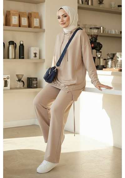 Bestenur Kapüşonlu Tunik Pantolon Takım 1682 - Vizon Vizon