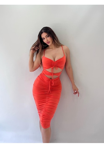 Pink Life Turuncu Sandy Kumaş Full Likra Kalem Elbise Turuncu