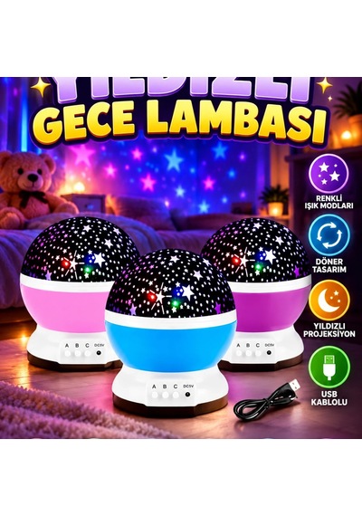 Yıldızlı Gökyüzü Projeksiyon Gece Lambası Mavi Ve Mor Işıklı Döner Tasarım Renkli