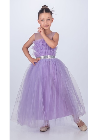 Mnk Baby & Kids Sapes Model Sırt Gipeli Tüllü Kız Çocuk Askılı Saten Abiye Mnk0618 Lila