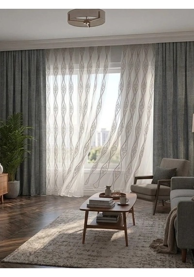 Nivemeshome Bade 7150 Bambu Gri 1/3 Pileli Tül Perde Apm Ekru - Gri