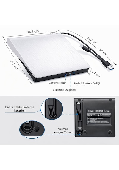 Taşınabilir Harici Usb 3.0 Tyce-c Cd/dvd Optik Yazıcı Okuyucu Ultra İnce Windows Mac Dizüstü