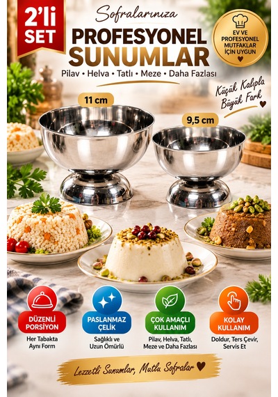2'li Set - Paslanmaz Çelik Pilav Ve Helva Kalıbı 9,5 Cm 11 Cm Yuvarlak Sunum Porsiyonlama Kalıbı Gümüş