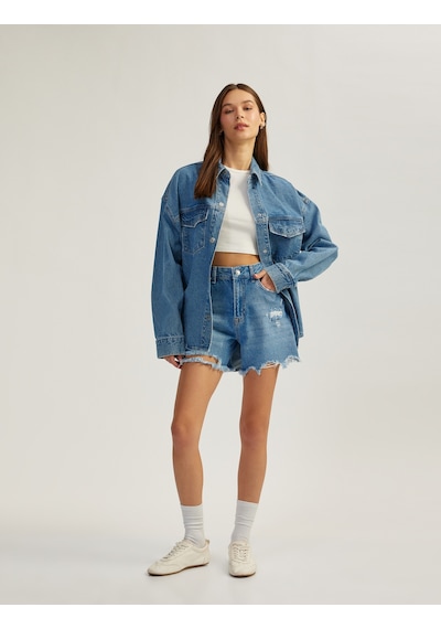 Koton Yıpranmış Püsküllü Düğmeli Denim Şort Açık İndigo 5sal40001md Açık İndigo