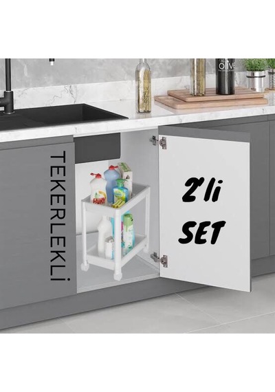 Maja 2 Adet Tekerlekli 2 Katlı Beyaz Düzenleyici Mutfak Rafı Bany Beyaz