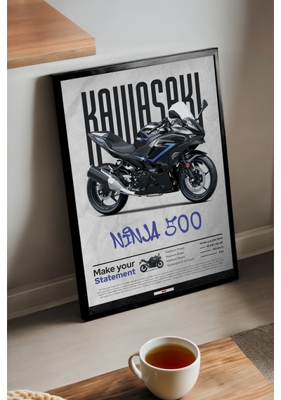 Kawasaki Ninja 500 Siyah Ahşap Çerçeveli Poster, Dekoratif Motosiklet Duvar Tablosu