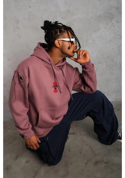 Novalisse Erkek 3 İplik Pamuklu Kapüşonlu Baskılı Cepli Sweatshirt Hoodie - Gül Kurusu Çoklu Renk