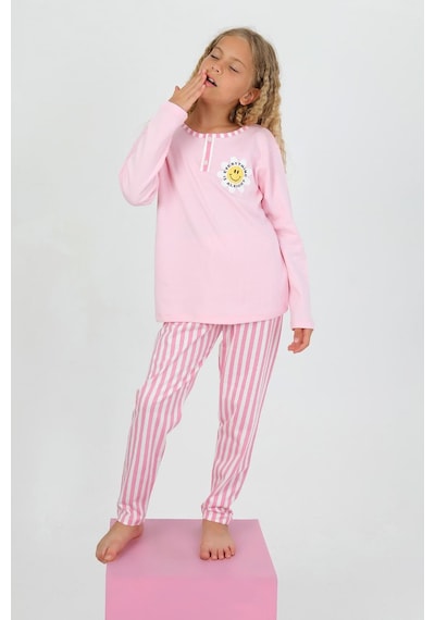 Kız Çocuk Uzun Kollu %100 Pamuklu Düğme Detaylı Pijama Takımı Alright Pembe
