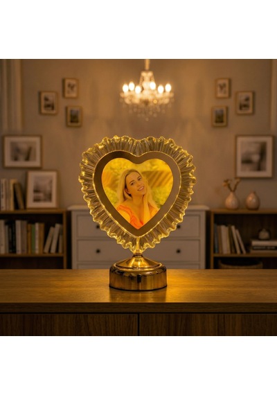 Yatak Odası İçin Abajur Led Işıklı Fotoğraflı Çerçeve Kristal Kalpli Kişiye Özel Resimli Abajür Gold
