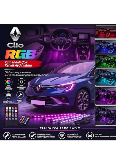Renault Clio Ayak Altı Led Kumandalı Araç Içi Aydınlatma 4 Lü Sese Duyarlı Renk Değiştirme Özellikli