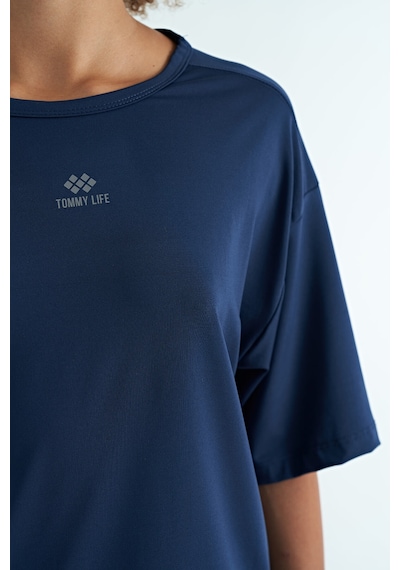 Tommy Life İndigo O Yaka Baskı Detaylı Oversize Kısa Kol Kadın T-shirt - 97263 Indigo