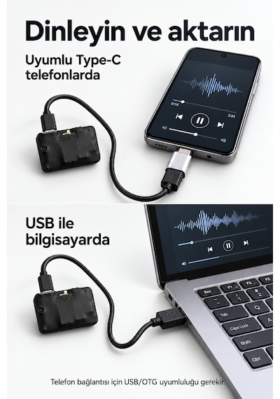 32 Gb Mini Ses Kayıt Cihazı 4 Güne Kadar Kesintisiz Kayıt, Sese Duyarlı, Kulaklık Ve Type-c Otg