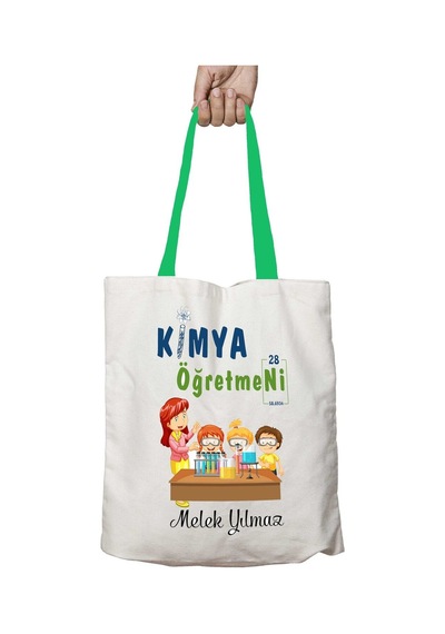 Art Hediye Yeşil Kulplu Kişiye Özel Kimya Öğretmeni Sıra Yıkanabilir Omuz Çanta Çok Renkli