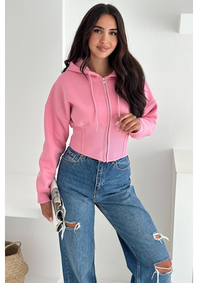 Kadın Siyah Fermuarlı Hoodie Minimal Sokak Ruhuyla Pembe