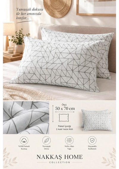Nakkaş Home Collection 2'li Pamuklu Fermuarlı Yastık Kılıfı Seti - 50x70 Cm Renkli Yastık Kılıfı Çok Renkli