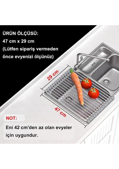 Katlanabilir Evye Üstü Bulaşık Kurutmalık Süzgeç 47x29 Cm - Paslanmaz Çelik & Isıya Dayanıklı Silikon Rulo Diğer