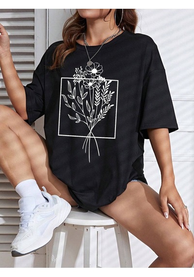 Çiçekli Desenler T-shirt - Siyah Baskılı Oversize Bisiklet Yaka Kısa Kol Tişört Siyah
