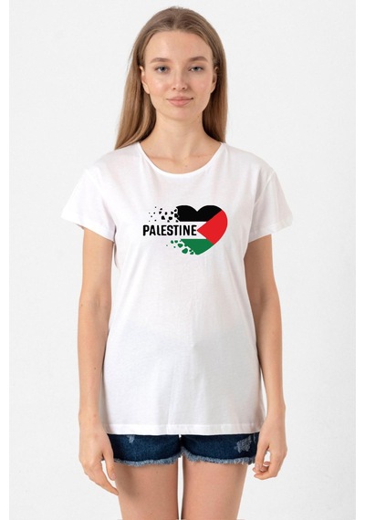 Heart Palestine Flag Beyaz Kadın Bisikletyaka Tshirt Beyaz