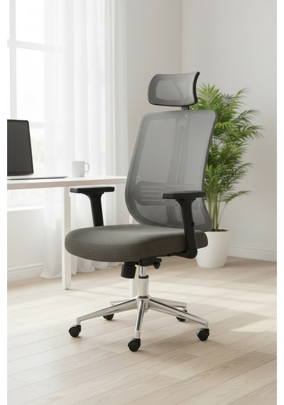 Upstyle Poyraz Başlıklı Fileli Ergonomik Çalışma Koltuğu Gri Krom Koltuk 66 125 65 Cm