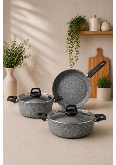 Dark Stone 5 Parca Granit Ezme Tencere Seti - Gri -20 Derin-26 Basık - 26 Tava