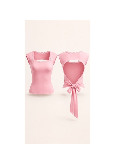 Evoa Kadın Dantel Detaylı Kare Yaka Sırt Dekolteli Şık Bluz Pembe Pembe