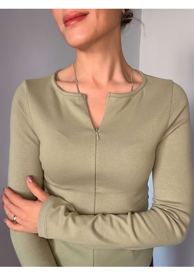Ali Butik Çağla Çift Fermuarlı Uzun Kollu Bluz Çağla