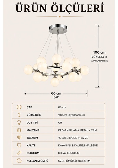 Modern Premium 15'li Sarkıt Avizesi Krom Gövde Küre Salon Mutfak Modelleri G9 Duy - Ampül Hediyeli Gri