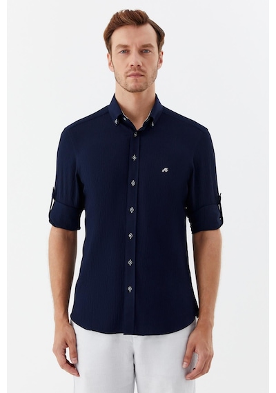 Sabri Özel Erkek Lacivert Dar Kesim Slim Fit %100 Pamuk Uzun Kollu Düğmeli Yaka Gömlek