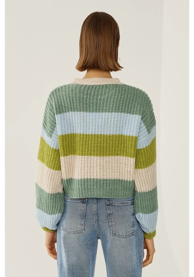 Hiccup Relaxed Fit Çizgili Triko Kazak Yeşil