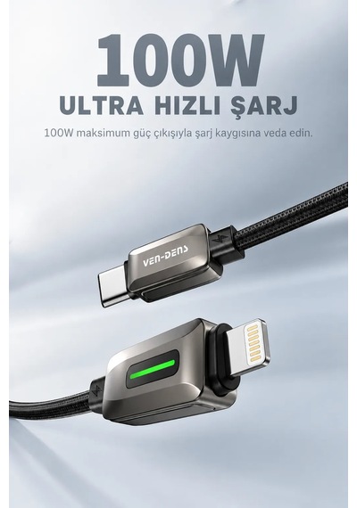 Ven-dens Vd-dc14cl 27 W Pd Type-c To Lightning Hızlı Şarj Ve Veri Kablosu, 1 Metre, Naylon, Siyah