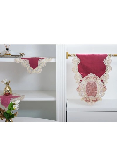 Aydan Aplikeli Güpürlü Kadife Pudra Salon Takımı 5 Parça 50x140 Cm 1453 Pudra