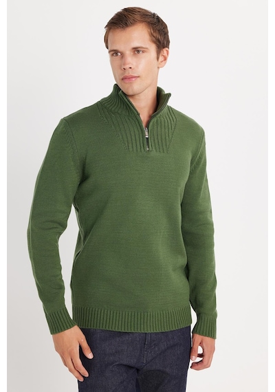 Tudors Erkek Slim Fit Dar Kesim Armürlü Fermuarlı Yeşil Dik Yaka Kazak-34920 Yeşil
