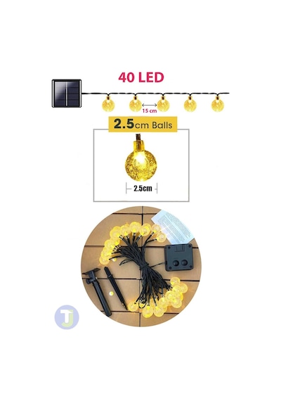 Technojet 40 Top Ledli 8 Metre Solar Kristal Bahçe Dekorasyon Aydınlatma Sarı Işık Güneş Enerjili Sarı