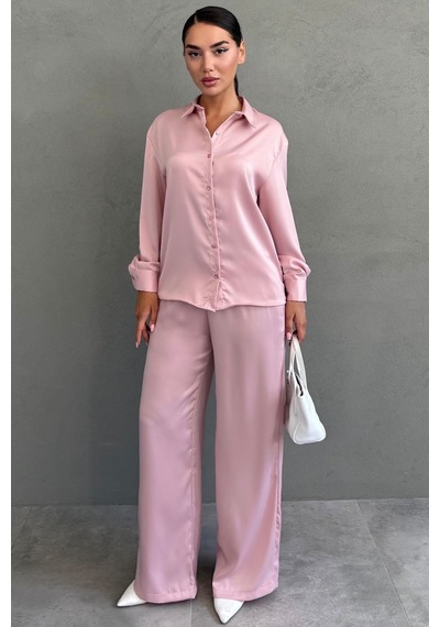 Madmext Pembe Saten Gömlek Pantolon Takım Mg2745