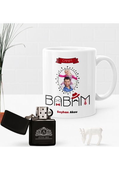 Kişiye Özel Fotoğraflı Canım Babam Benzinli Çakmak ve Kupa Seti