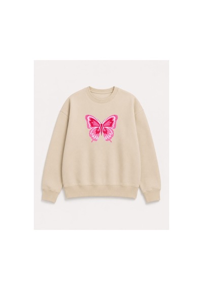 Herkesemoda Kelebek Baskı Detaylı Şardonlu 2 İplik Bisiklet Yaka Sweatshirt Bej