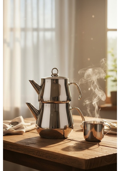 Yunusoğlu Home Aletta Büyük Boy Paslanmaz Çelik Çaydanlık Metal Kulp Aile Boy Kullanım 1.6l+2.5l Gri