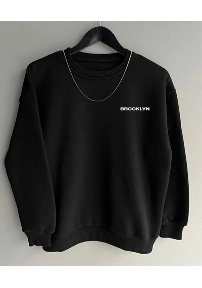 Startmore Siyah Oversize Brooklyn Baskılı Pamuklu Kapşonsuz 0 Yaka Unisex Sweatshirt Siyah