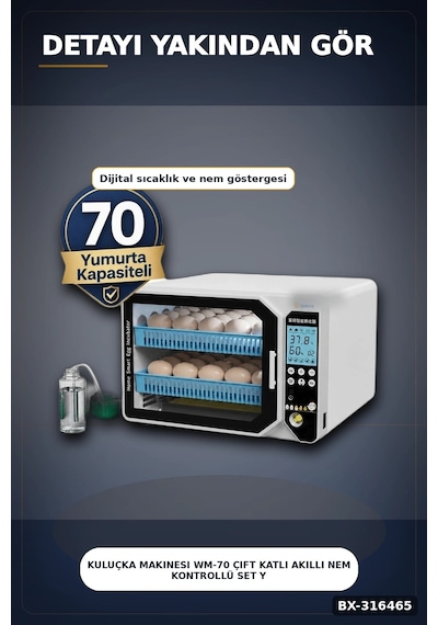 Kuluçka Makinesi Wm-70 Çift Katlı Akıllı Nem Kontrollü Set Yedek Motor Ve Suluk Dahil Bx-316465