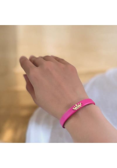 M Harfine Özel Doğal Pembe Derili Taç Motifli 14 Ayar Altın Plakalı Hediye Bileklik-495harf M